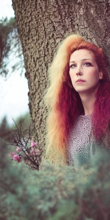 portrait of a very beautiful lady behind in a burnt tree, picture, details, texture, brown eyes, freckles, blonde, dangerous, playful, mountains, nature, flowers, fire, street style, 80s fashion, retro, classic, casual, Queen Catherine , magenta, aqua, abstract