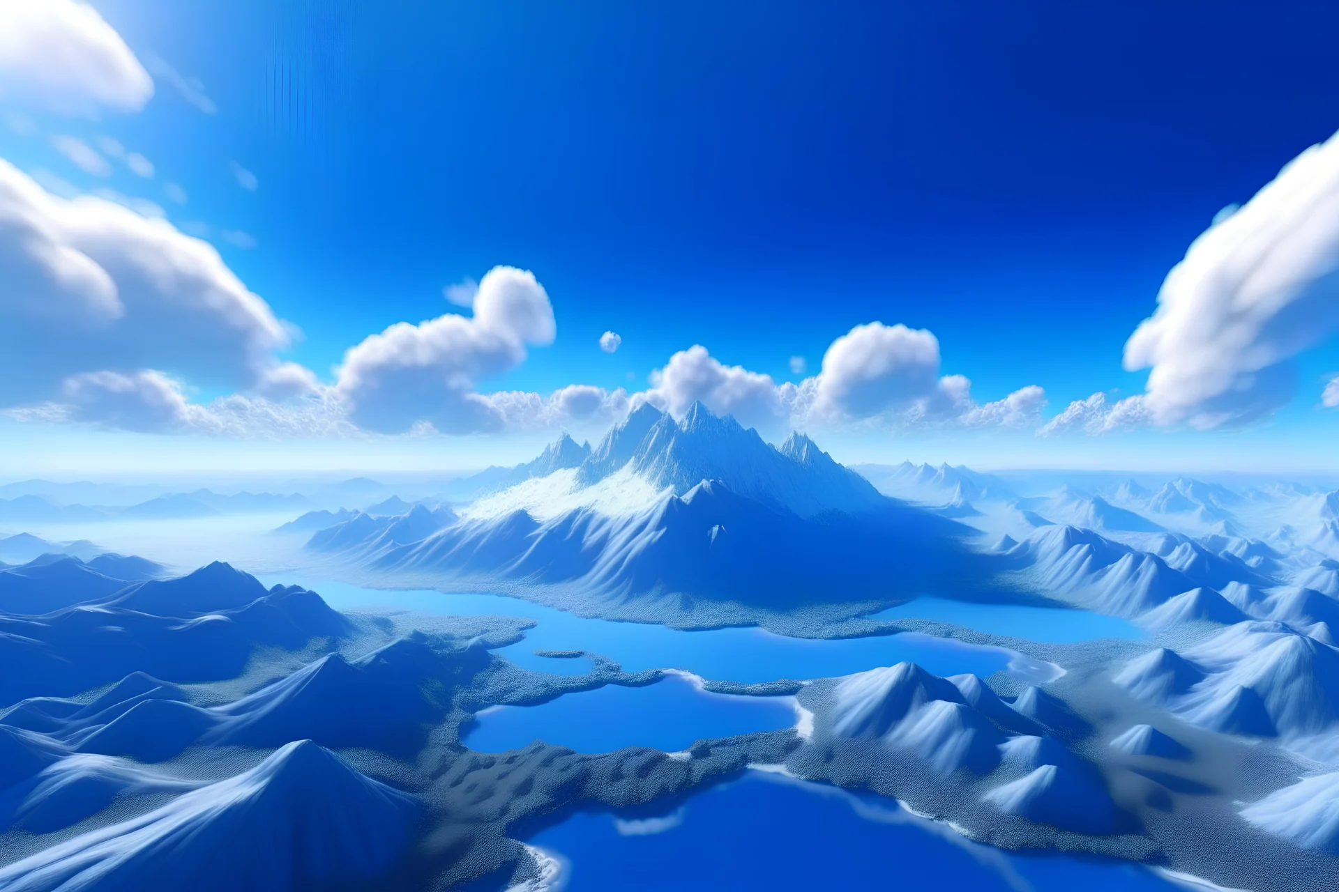 Pixel wind, blue sky and white clouds, plateau landform, highland looking down, rivers, mountains, forests, volcanoes, city-states, snow-capped mountains 8K ultra-high resolution