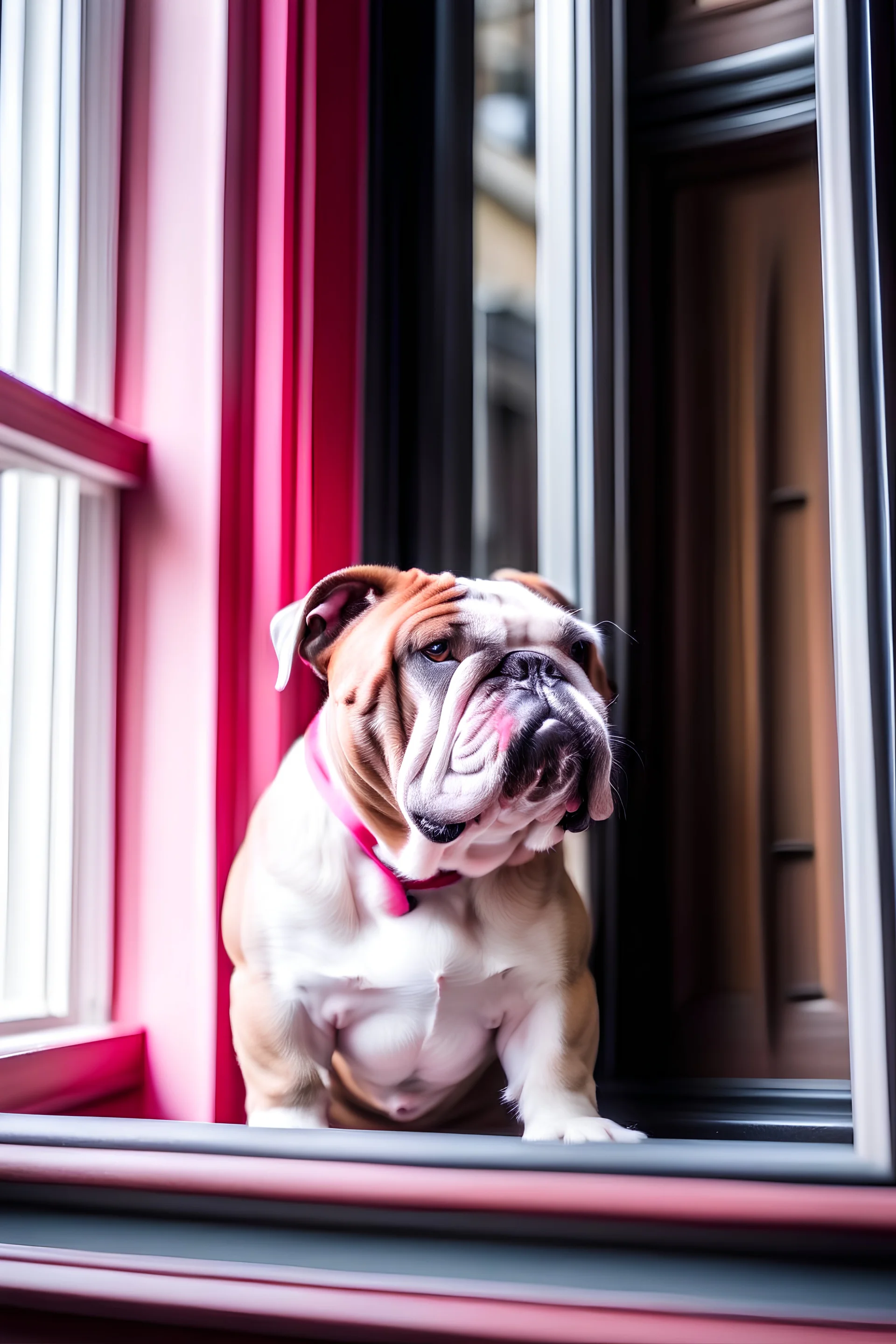 pink bulldog standing in a window