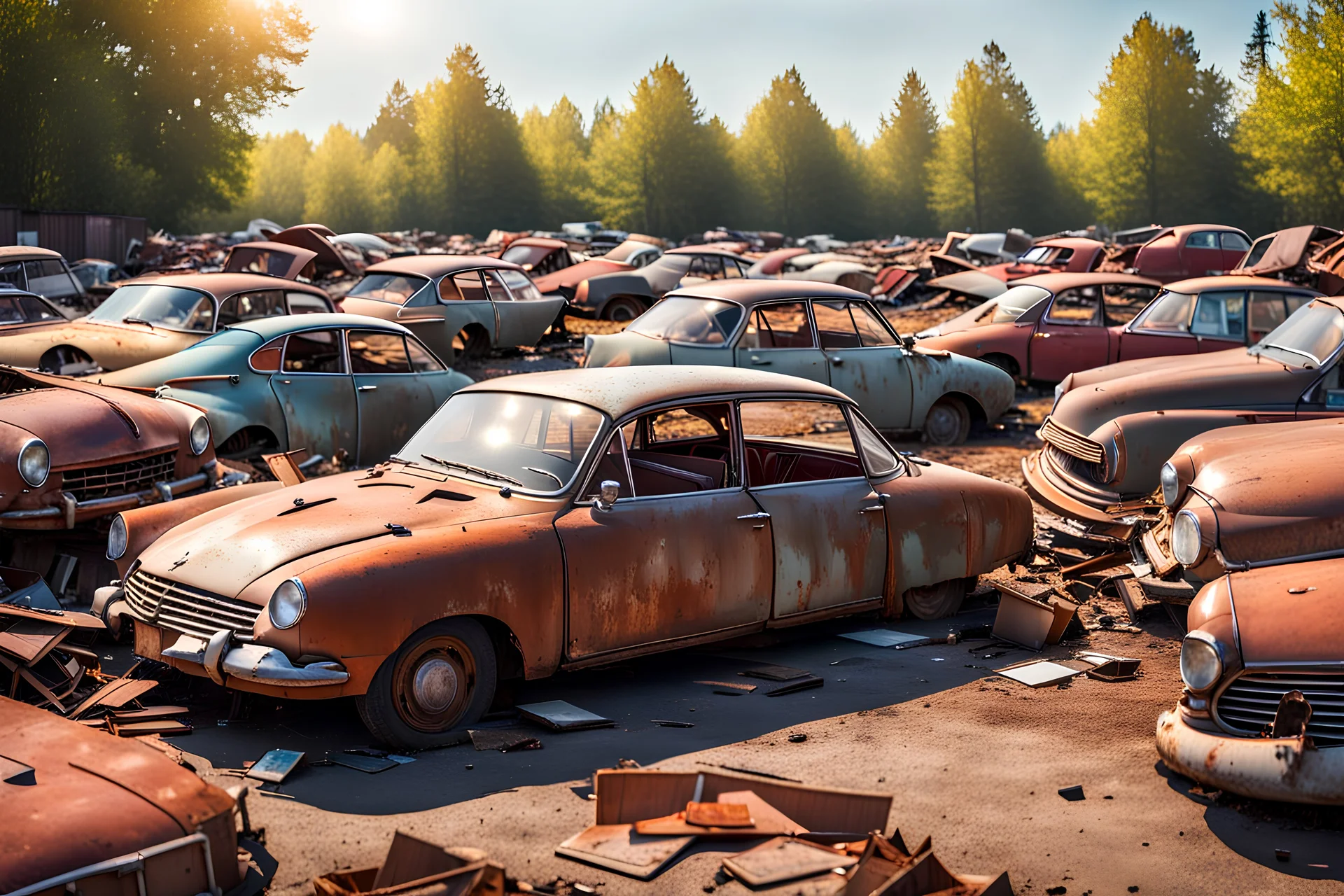 Fotorealistisch endloser menschenleerer Schrottplatz mit aufeinander gestapelten verrosteten Autowracks zahlloser Citroen DS, CX, GS und 2CV zwischen 1955 und 1975 im warmen Sommerlicht