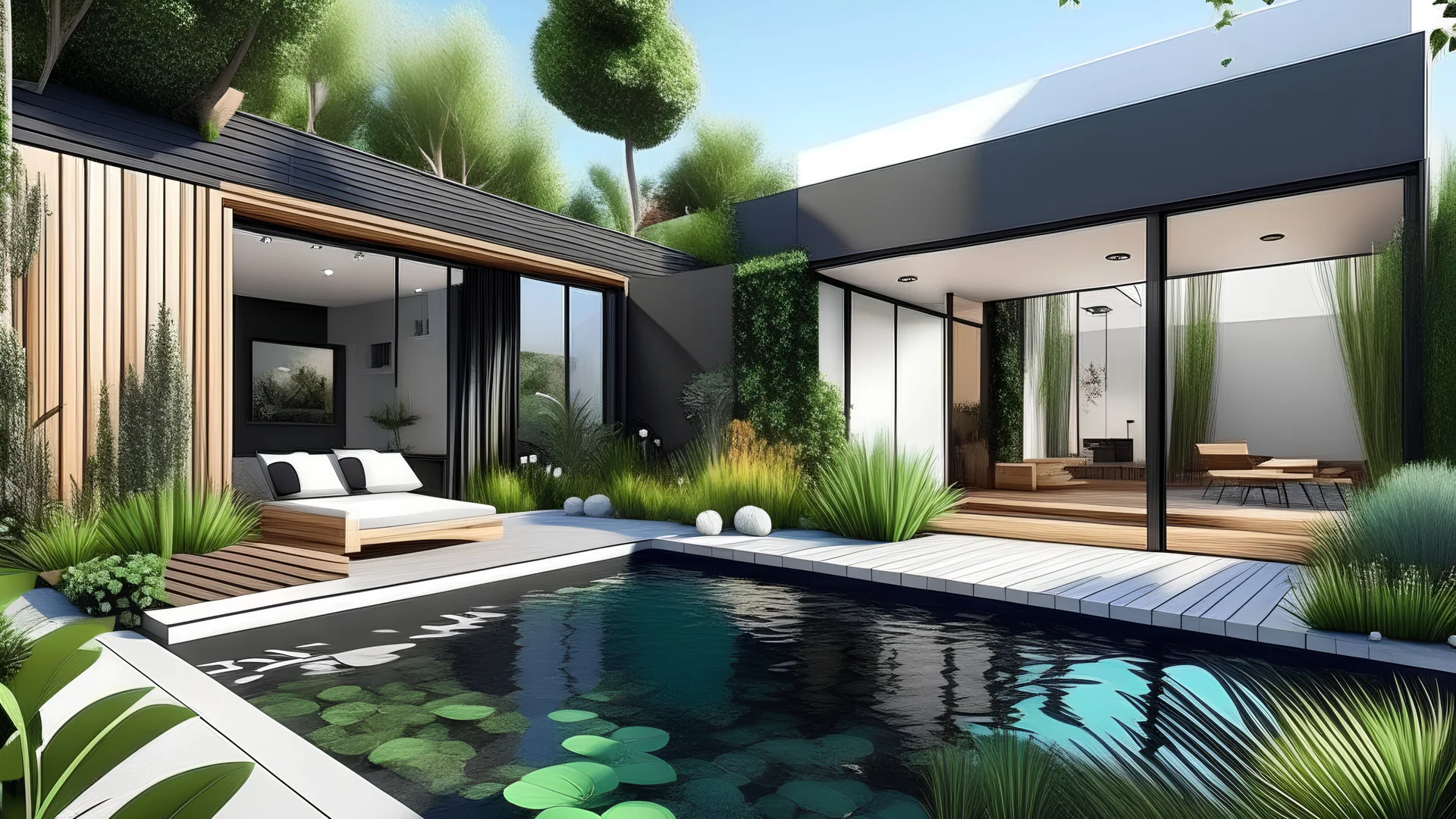 Generate a modern backyard around a house, with plants, a pool and space, and approximately 250 squared meters