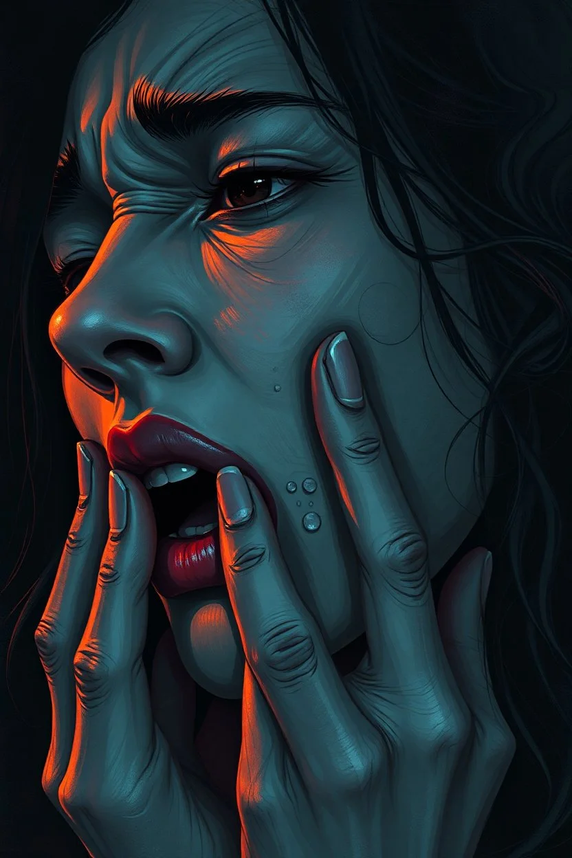 Hyperrealistic human woman cry and howling, pain, thriller, alone, dark colors, sharp focus, surreal shapes, faded colors, dark mood, surreal, dramatic atmosphere. intricate, stunning textures , illustration by Juan Brufal, by Esté MacLeoad, Cyril Rolando, Hayoa Miyazaki