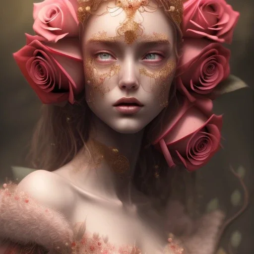 red roses beautiful girl,utra realistic,highly detailed, masterpiece, delicate detailed, sharp focus, insanely detailed, fantasy art, royalistic,elegant, fog, Special Lighting, Vibrant, color Scheme, forest, unreal engine, trending on artstation, ultra photoreal,high chaos --s 700