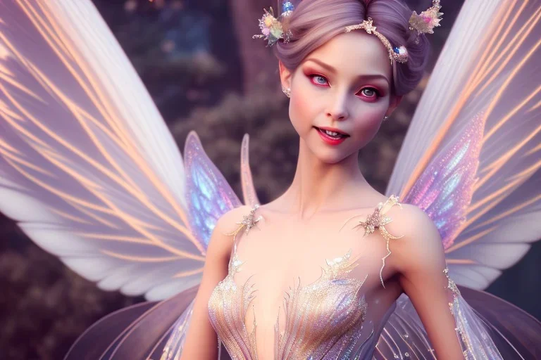 beautiful fairy very etheric, smiling, magic make up, delicate colors, transparent wings, beautiful glamour dress, ultra sharp focus, 8k, unreal engine 5, extremely sharp detail, light effect, soft light atmosphere, smooth, full of details