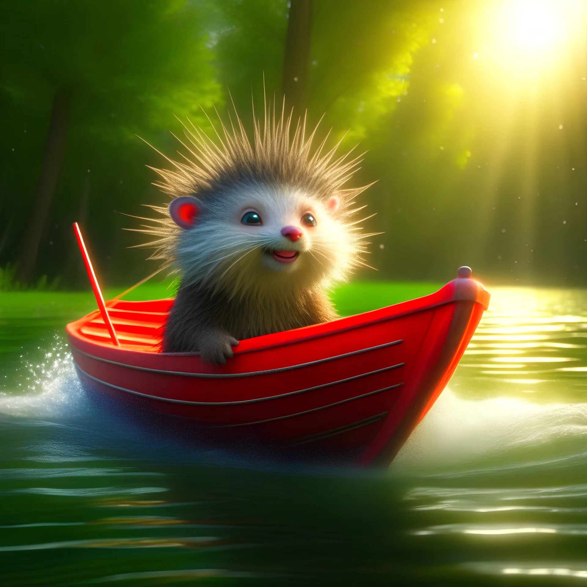 cute blessed chat elf porcupine speeding in a fishlike boat in the river,catching a big fish in a river stream, 8k, downlight, soft light, depth of field, photorealism, trending on art station, lotsa detail