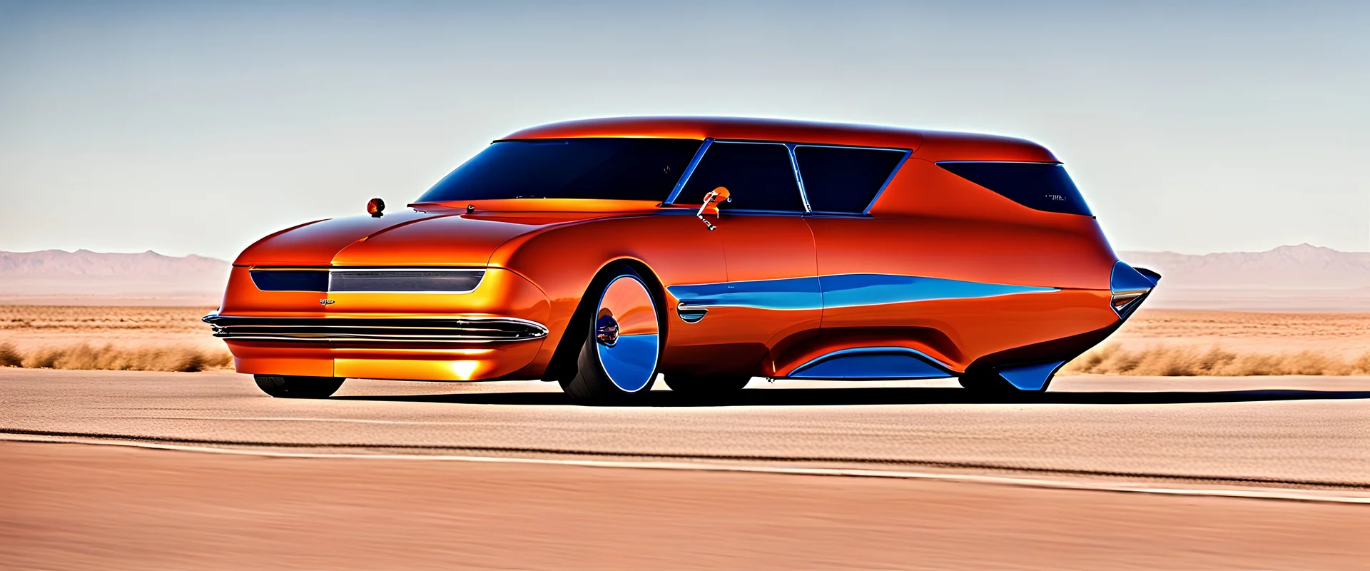 award winning car and driver photograph of a futuristic station wagon designed by only one vehicle per image painted metallic orange traveling at a high rate of speed, jet intake off of front center of vehicle and jet exhaust out the rear with bright blue flame, bilaterally symetrical, more a high speed road vehicle