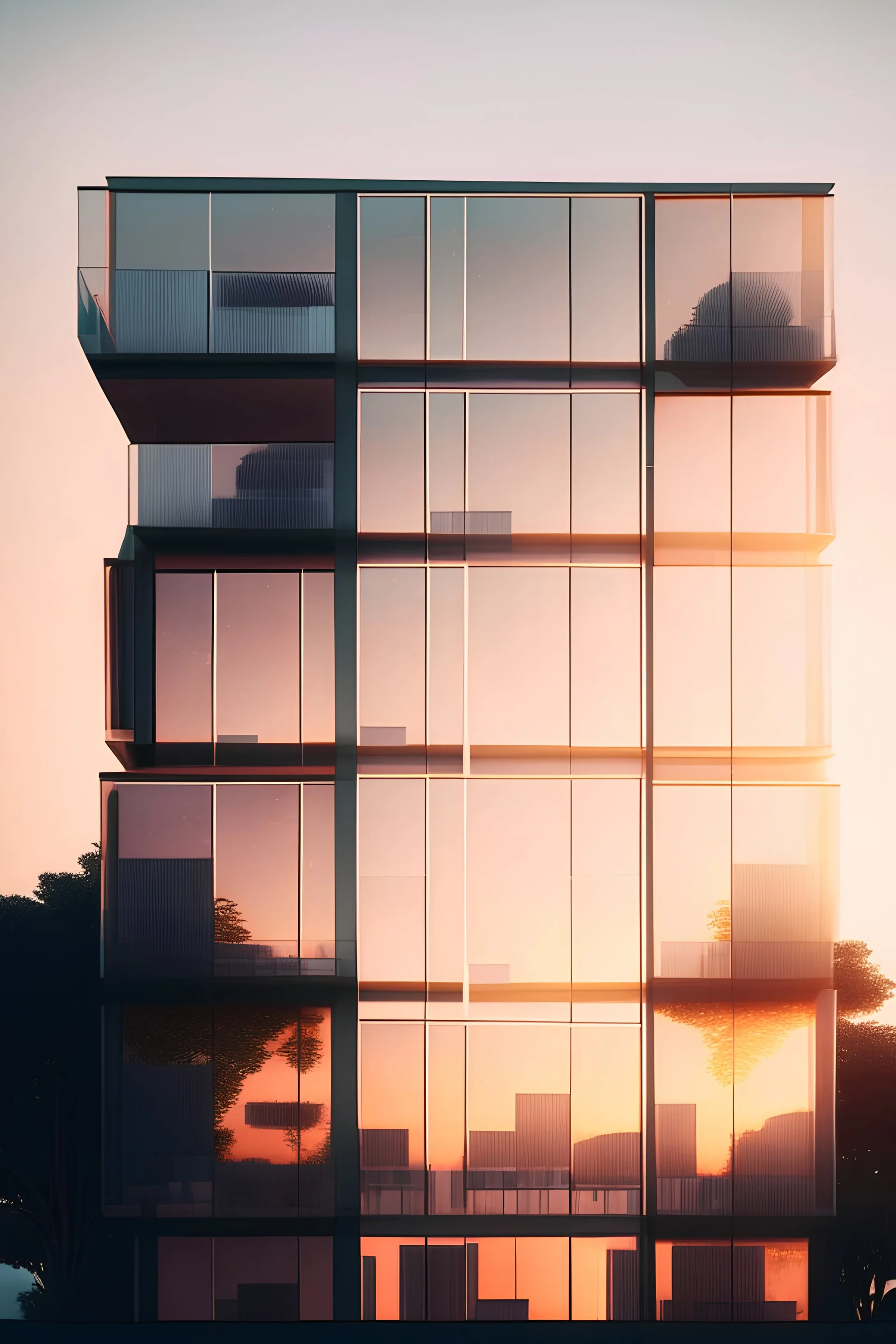 Minimalist vinyl facade with some transparent spaces and glass balconies with interlocking, sunset-alive biophilia.