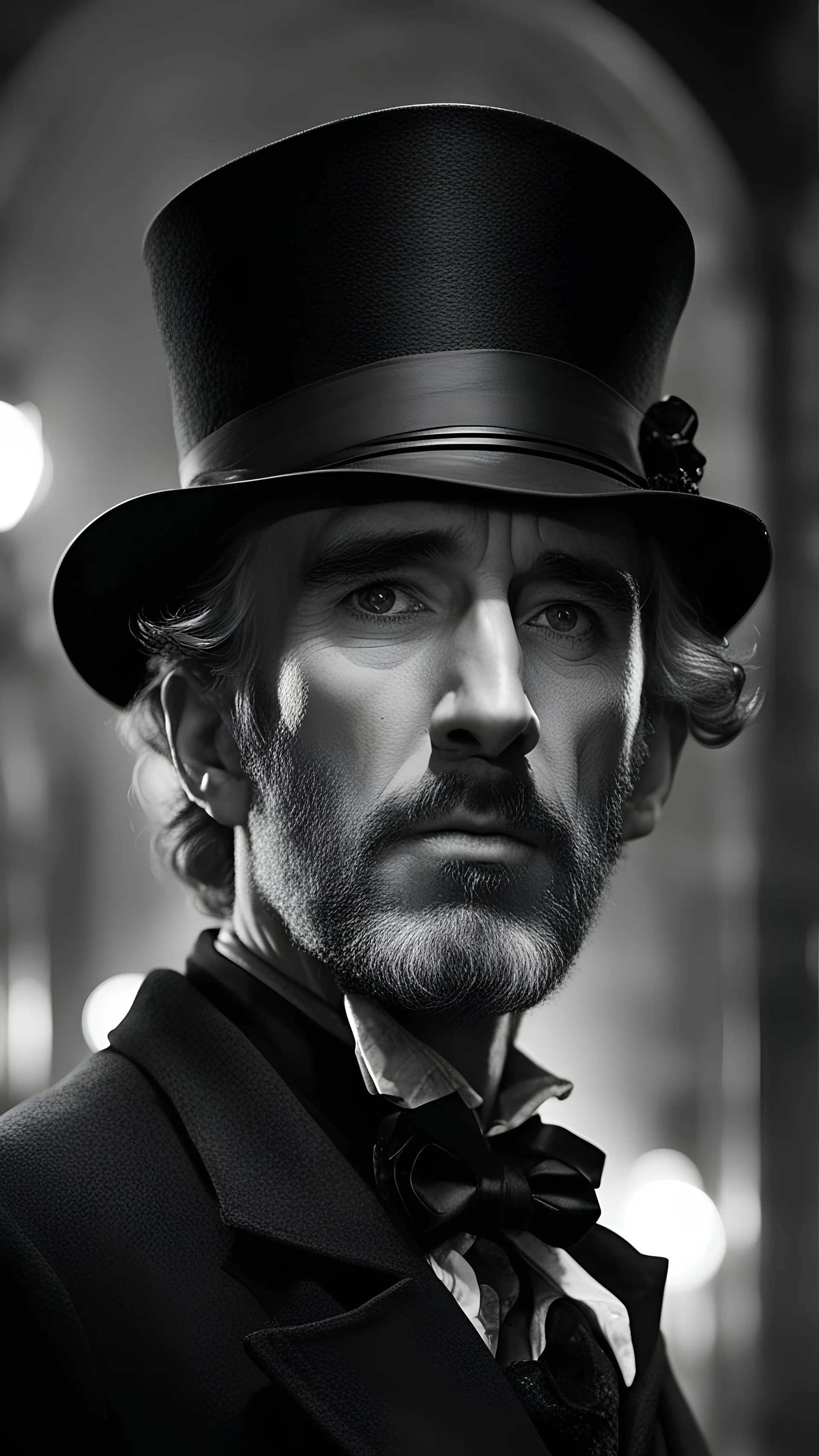 steampunks-style a standing figure young Jason Robards wounded face without a beard with a bowler hat dressed in elegant black in London at midnight