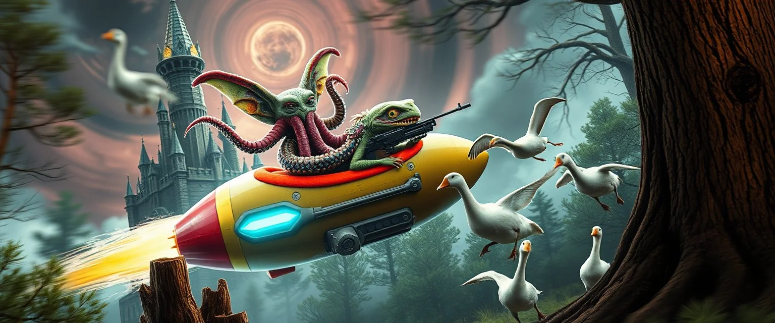 hairy macho gremlin octopus lizard alien couple living in a hi tech marvellous hot dog art graphics rocket with a mounted sling shot, heading for venus stone castle, background motion blur and smoke swirls, and cheeky geese through giant forest with thick tree stumps and grainy textured trees