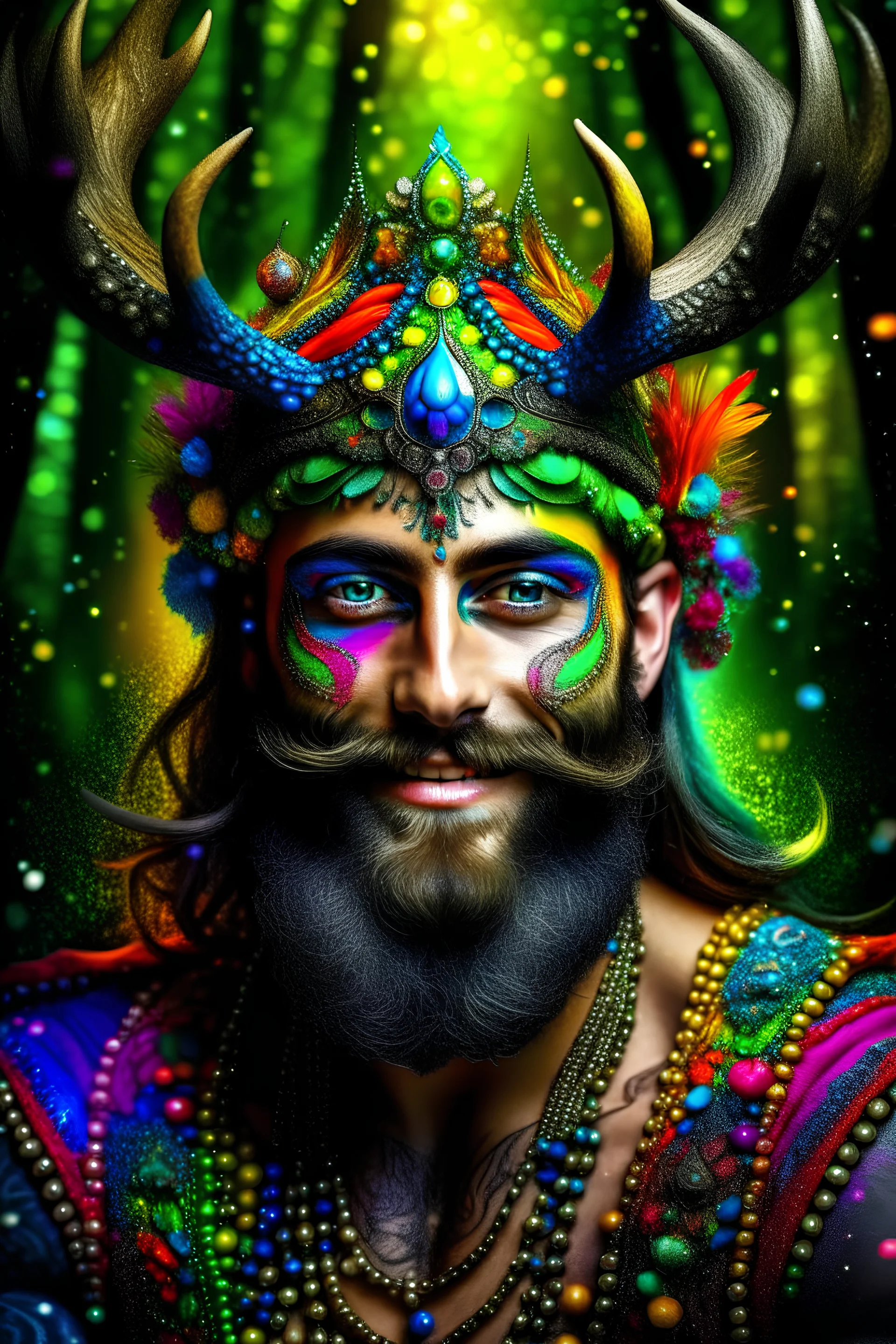 Handsome young smiling scruffy muscular jewel encrusted Cernunnos, symmetrical antlers, extremely long glittering beard , in a magic psychedelic rainbow forest, of sparkling glittering trees, diamonds, rubies, emeralds, sapphires, pearls, planets, signs of the zodiac, surrounded by orgiastic dwarfs, a gothic temple background , in the style of Frank Frazetta