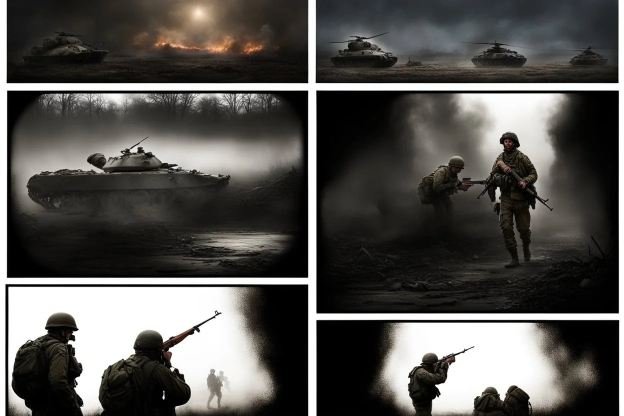Masterpiece1:5)(Fineart), (award-winning:1.5), highest quality, (ultra realism:1.5) war journalism(,(by Tim Page and Hoorst Faas:1.5))(photorealistic:1.8),RAW pictures (Eastern Ukraine:(panel one:the moment after a battle ends, horrors of war, wounded men),(2nd panel, cinematic shot of men sitting in trench with 1000 yard stare (focus on their eyes:1.5)),(the third panel shows troops tired but hyper alert), (the fourth panel shows the sky is filled with incessant, fire and smoke,)