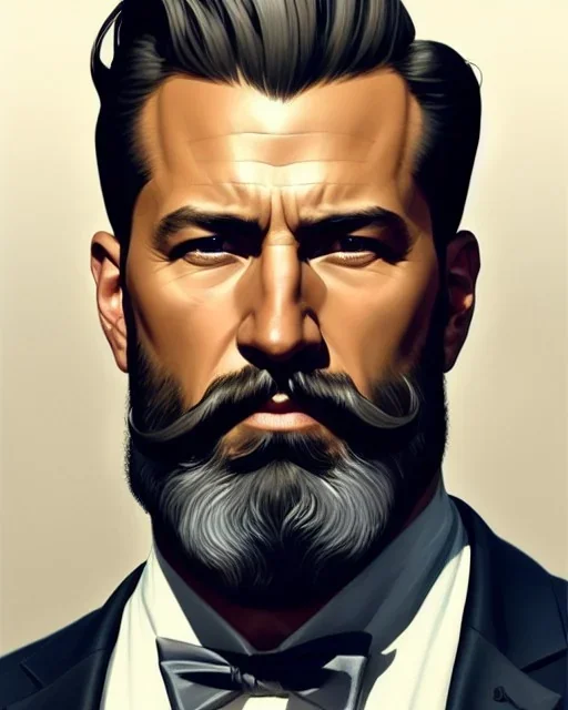 "MIddle aged white human male, with a trimmed but uneven beard, piercing eyes with slick back hair, full-scale head and shoulders portrait, 8k resolution concept art portrait by Greg Rutkowski, Artgerm, WLOP, Alphonse Mucha dynamic lighting hyperdetailed intricately detailed Splash art trending on Artstation triadic colors Unreal Engine 5 volumetric lighting Splash art fantasy"