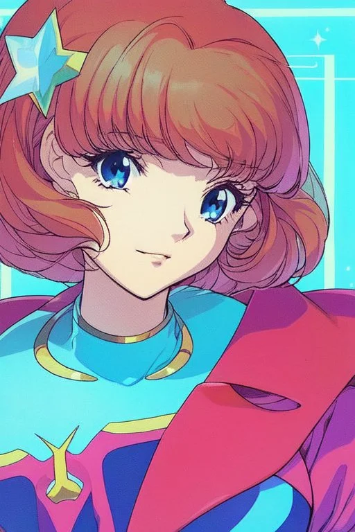 1girl, retro anime, 80's, redhead,Portrait of beautiful woman, sparkling dark blue eyes,