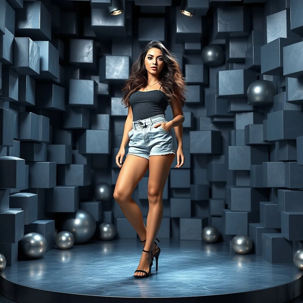 make a picture pretty stage made of metallic blue-gray teme 3d fractal recursive cubic and sphere base structures and a beautiful fashion model lady posing with cute,with How to Style Long Shorts For a Cute and Comfy Summer 2026 clothing,siver high heels ,makeup curvy long hair,dynamic camera zoom to full body and pan, dynamic lights.