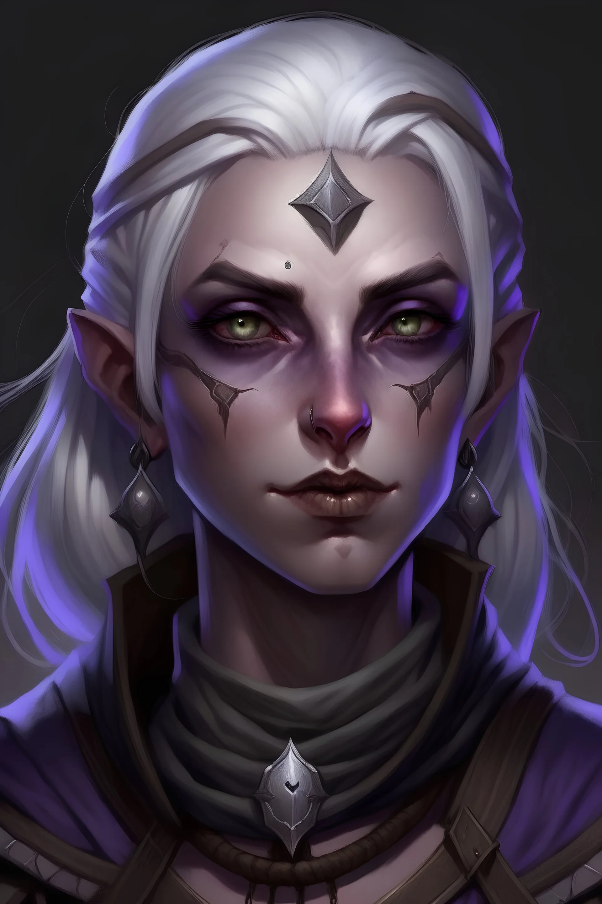 Dungeons and Dragons portrait of the face of a drow rogue wearing peasants clothes in the style of Emanuele Taglietti. She has purple eyes, pale armor, white hair, and is surrounded by moonlight. Has a playful demeanor, looks to be in her early twenties. She is not wearing any facial jewelry. No jewelry or gems on her face. no markings on her face.