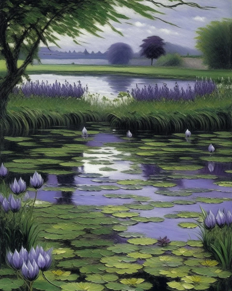 A grayish purple lilypond in a landscape painted by Claude Monet