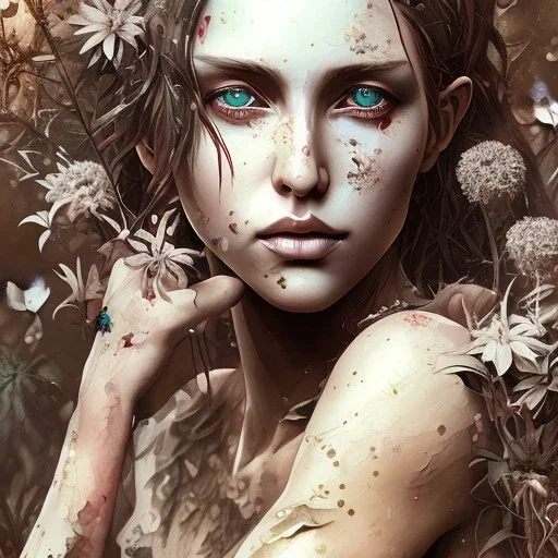 singer Danish MØ face,Style Yoji Shinkawa, watercolor illustration , Dryad, plants, wildflower,