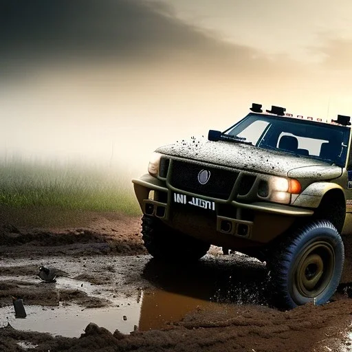 hyperrealistic shot, muddy military toy truck, monotone color palette, sharp focus, puddle reflection, tire water splash, refraction, mist on the horizon, shadowcast, detailed and intricate, cinematic composition, micro, tilt shift photography