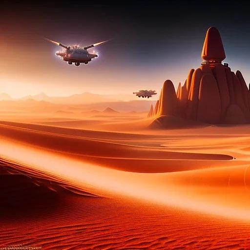 volumetric desert environment, Ralph McQuarrie style painting, hovercraft, highly detailed