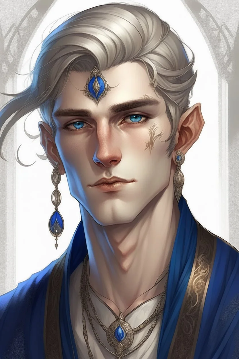 a wealthy half-elf young man with pointy ears and blue eyes, wears lots of jewelry, pale skin, soft face