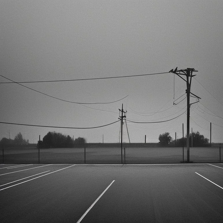 An empty carpark on a misty day. Telegraph poles and wires. Muted tones. Tilted horizon. With blotches, blurry areas and lens noise and grain. Hyper realistic Photo 4k