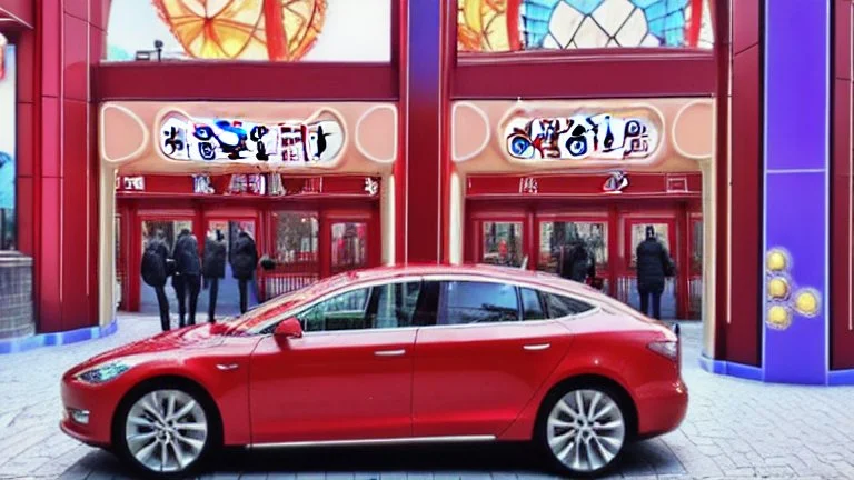 A Tesla's 'Model S Plaid' is parked, at 'Lotte World', in Seoul (South Korea). CINEMATIC. WIDE ANGLE LENS.