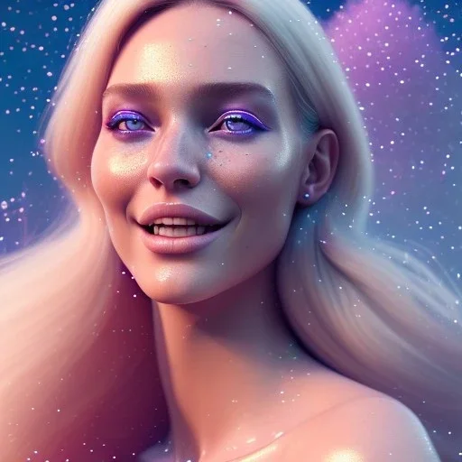 octane render, 8k, high detail, belle femme blonde, portrait, sourire, foret de cristaux, ciel cosmique bleu et violet