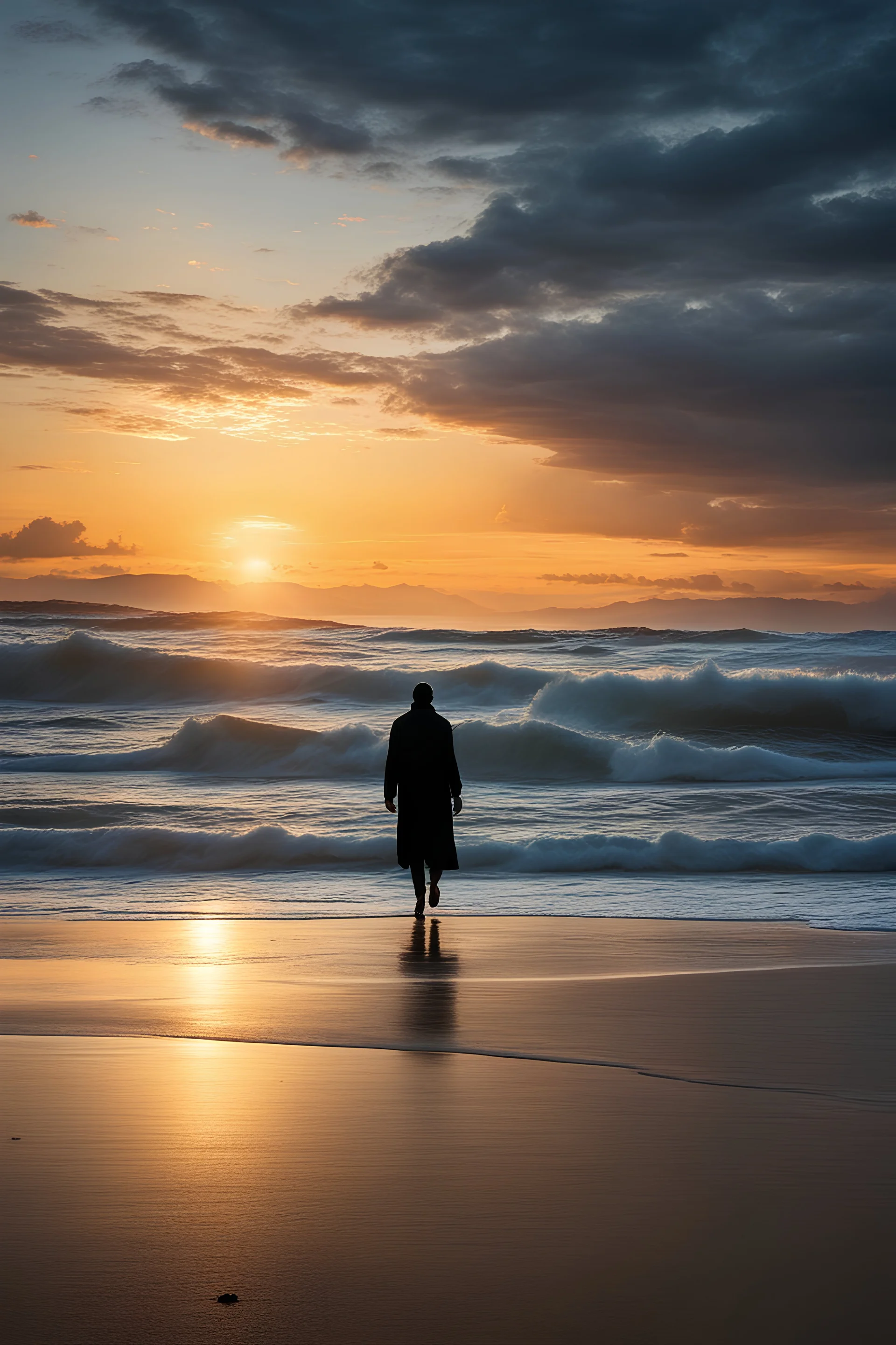 A lone figure walking along a vast, empty beach at sunset, their silhouette stark against the hyperrealistic sky reminiscent of the work of Halim Ghodbane, with crashing waves rendered in the detail of Jason De Graaf. (combines Halim Ghodbane & Jason De Graaf)