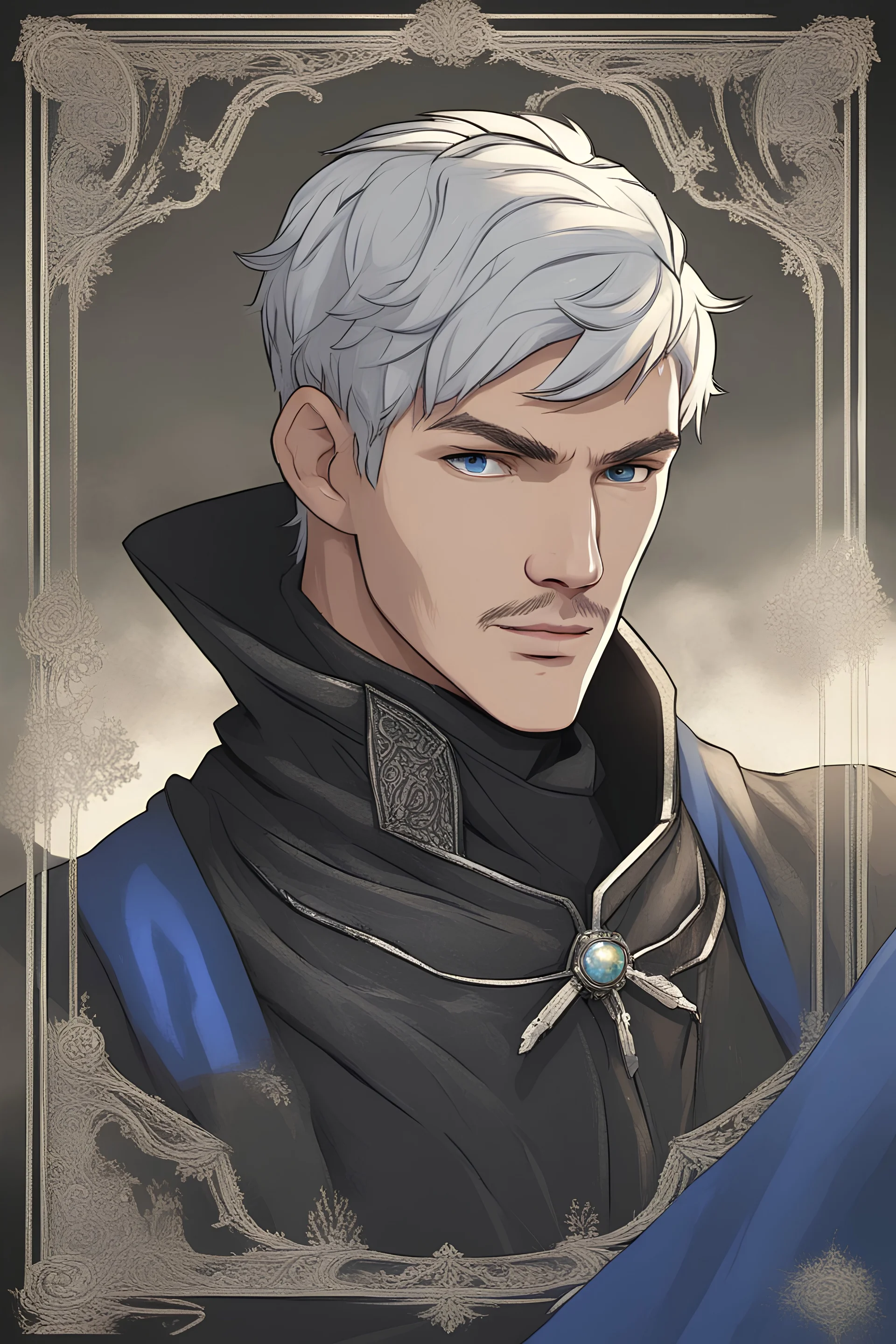 {{Man}}, Male, Olive Skin Tone, Short Hair, Silver Hair, Adult, Alan Ritchson, Short Beard, {{Blue Eyes}}, Black Cloth Medieval Attire, Digital Art