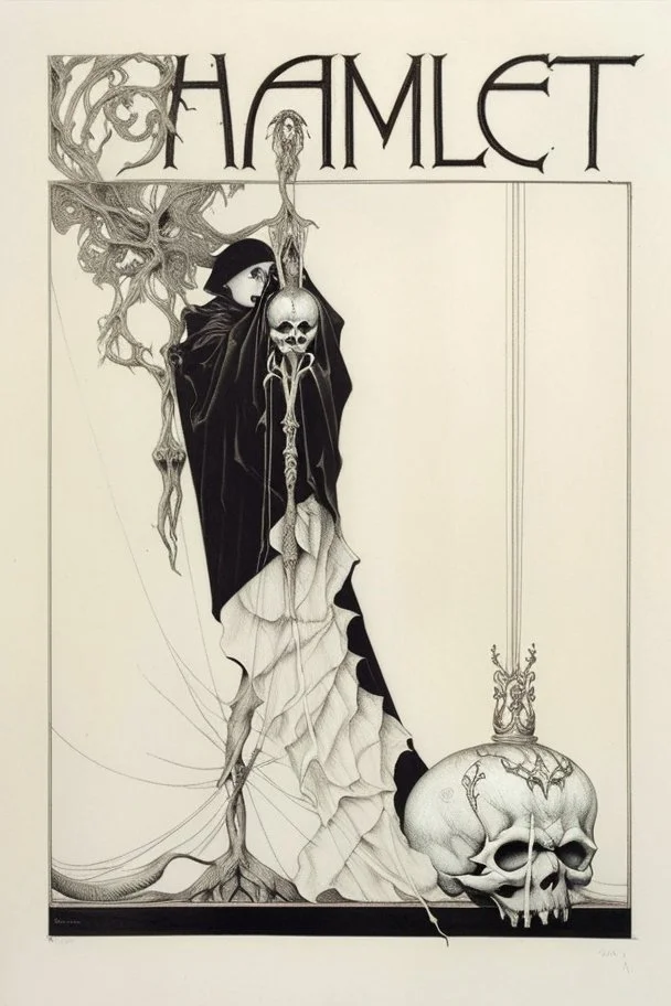 A shadowed hand holds a highly detailed, hand drawn skull, anatomically correct, with a crown hovering above, representation of Hamlet by John Austen, in the Aubrey Beardsley style, inspired by the gothic, macabre and fantastical, highly aesthetic, art nouveau design with striking black-and-white illustrations with hints of Red, Beardsleyesque, high quality, modern classical art, Hamlet Skull