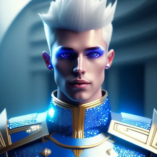 Handsome galactic knight, glitter blue and white prince suit with jewels, blond hair, blue eyes, cinematic lights, unreal engine 5, 4k, high details