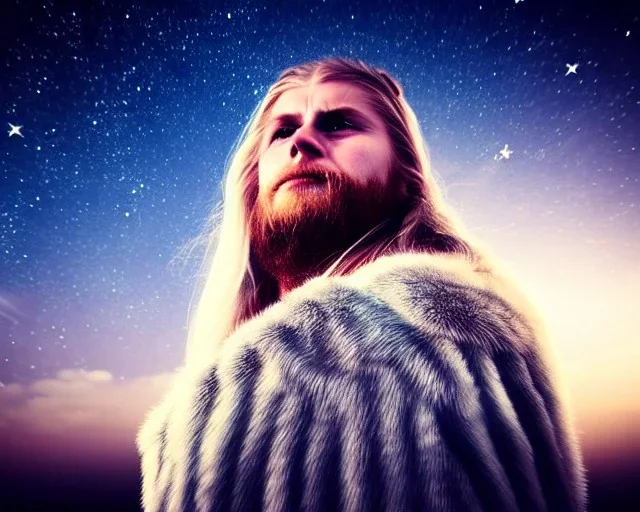 a sad and lonely viking looking up at the stars at night, hyper realistic, 8k, insane detail, atmospheric pastel background, crying eyes, big fur coat, long braided hair, sharp focus, soft background, dynamic lighting