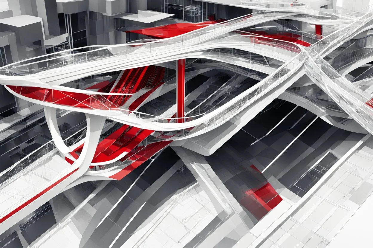 Architectural drawing of a futuristic pedestrian bridge, from above white, red and black colors