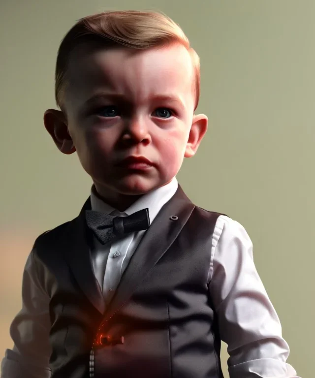 James bond toddler, full body, dramatic lighting, hyper realistic