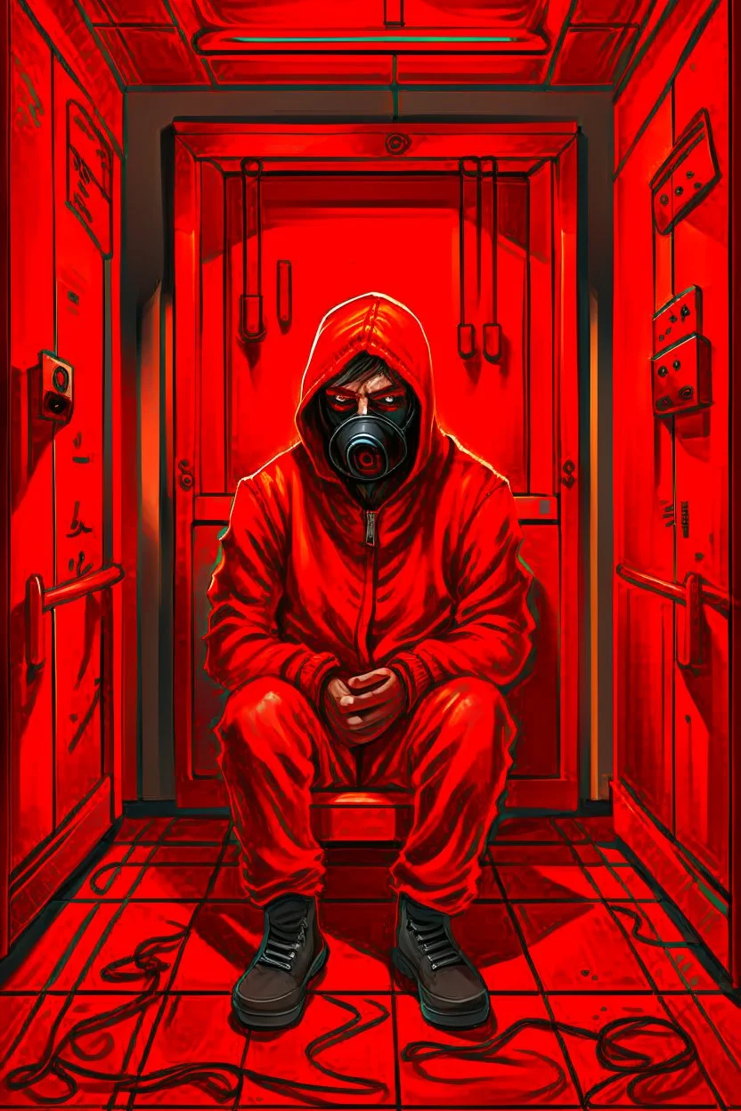 A scary gothic person sits quietly in the middle of a soundproof, padded room conveying intense dramatic emotions in a muted environment, wearing a bright red straitjacket , a mask to cover the mouth area of cannibal evil scary, dark and gothic look, cold eyes, eary ultra detailed,.32k, digital art style with messy paint, hardened sealer appearance, impasto, dramatic Arial view with explosive chaotic background