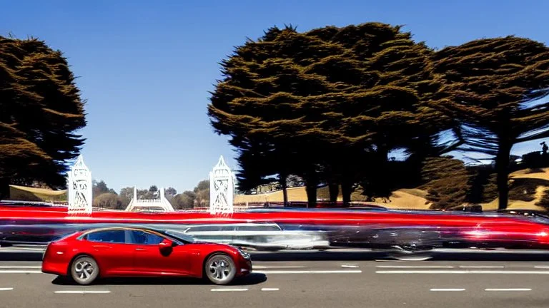 A Tesla's 'Model S Plaid' is racing at top speed, across the 'Golden Gate Park', in San Francisco. CINEMATIC. WIDE ANGLE LENS. PHOTO REAL.
