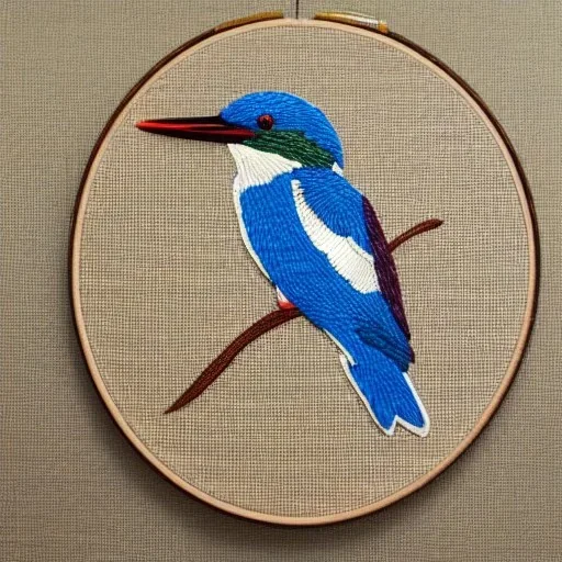 metallic kingfisher in embroidery hoop, intricate, highly detailed, linen and wood backdrop