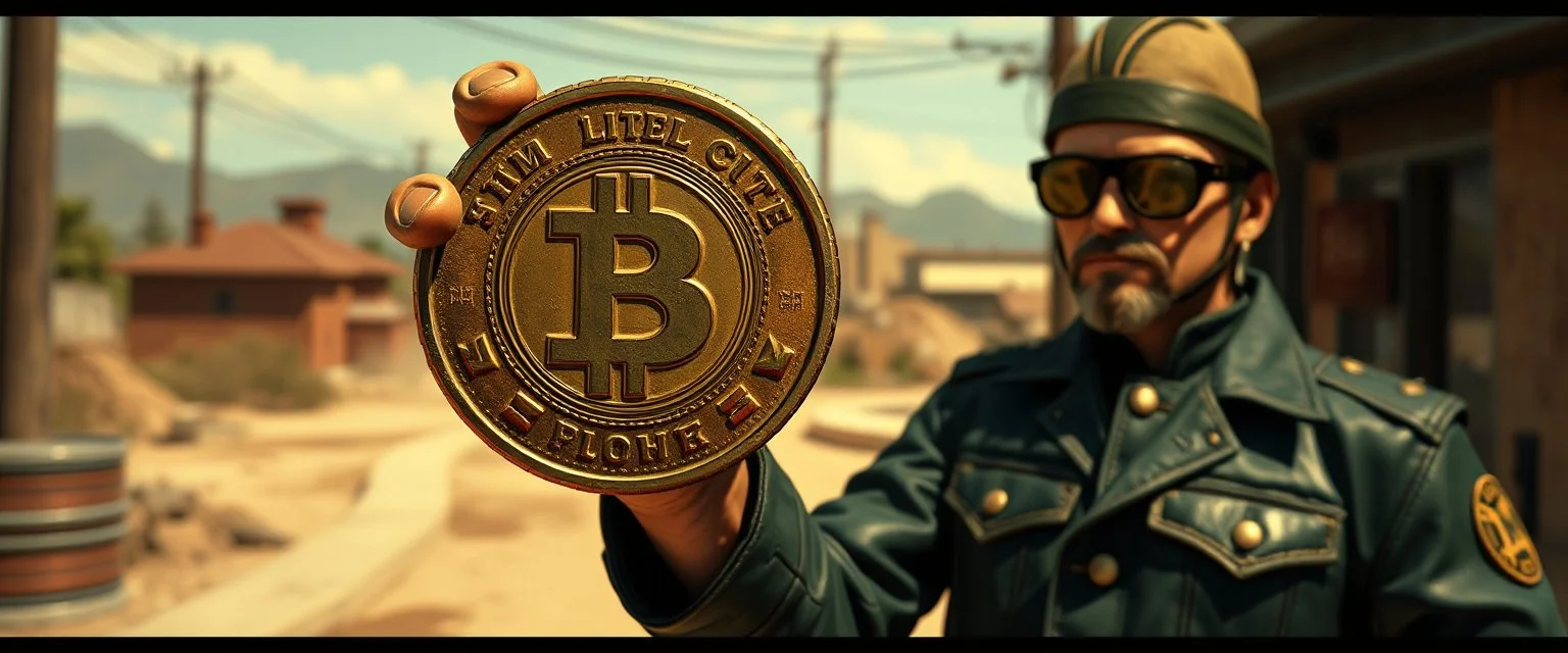 ratty gold coin presentation fashion in the style of Fallout 4 and Cyberpunk and GTA5