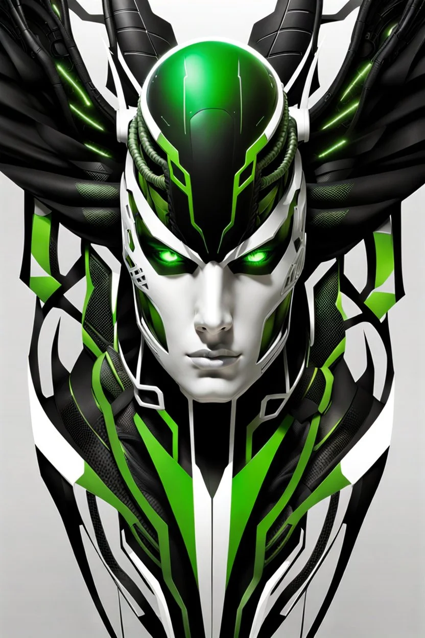 Cyborg symbiote, white color, green color, tendrils, high tech, cyberpunk, biopunk, membrane wings, carbon fiber, cyber tentacles, and the other two.