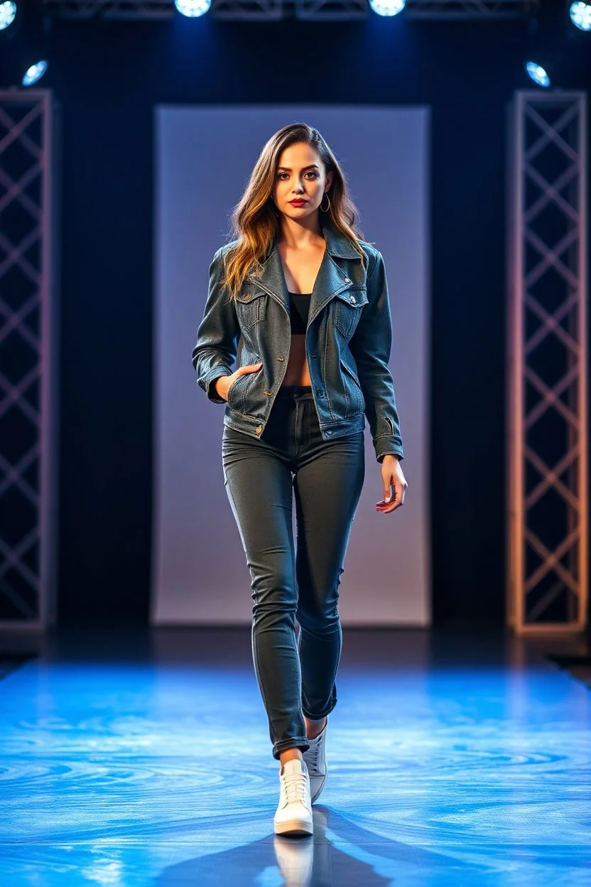 A full-body shot of a beautiful lady wearing jacket and pants walking on a nice stage and looking at the camera