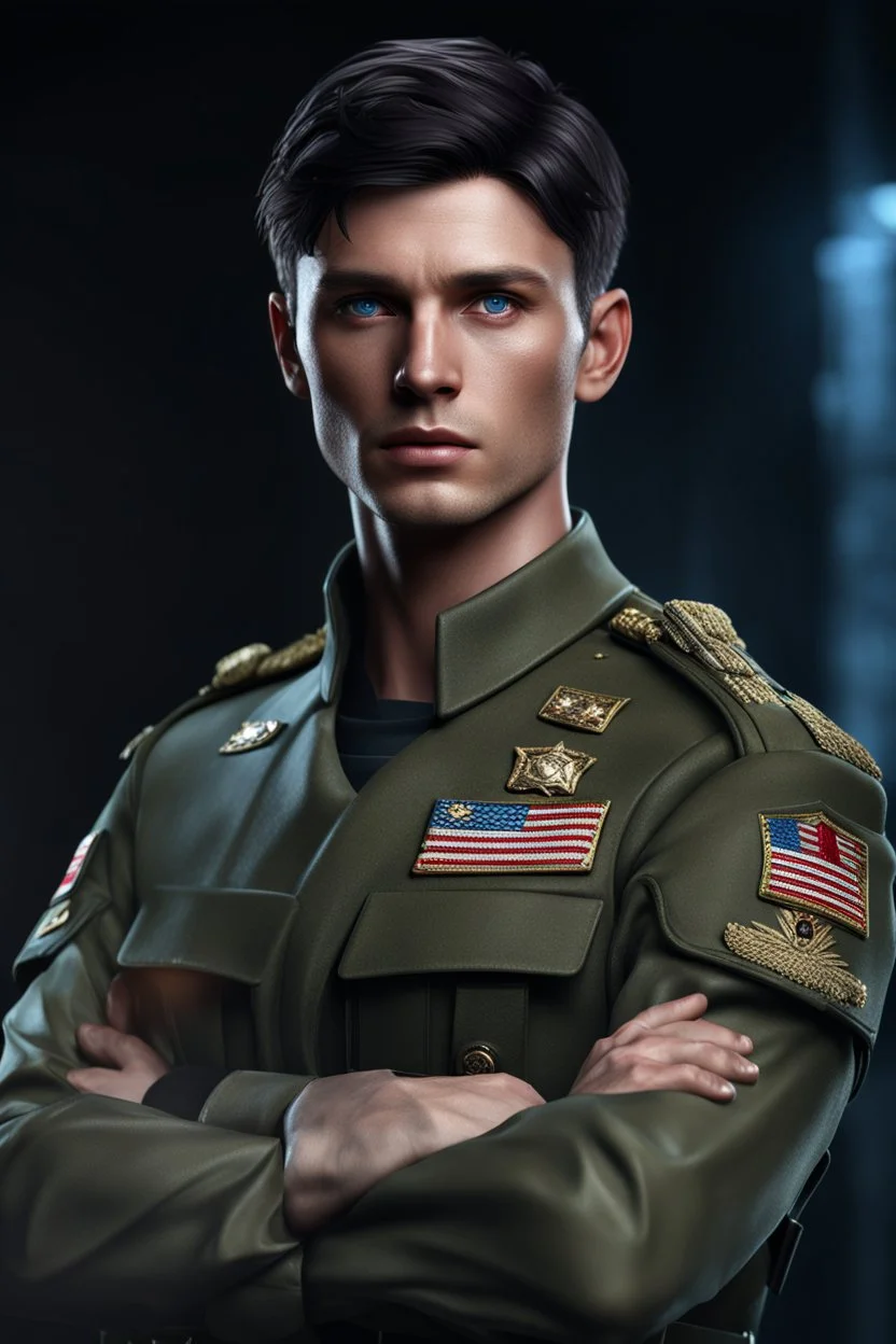 27 year old male with short dark hair and blue eyes standing with his arms folded, wearing military uniform , photorealistic, 4k, dark fantasy