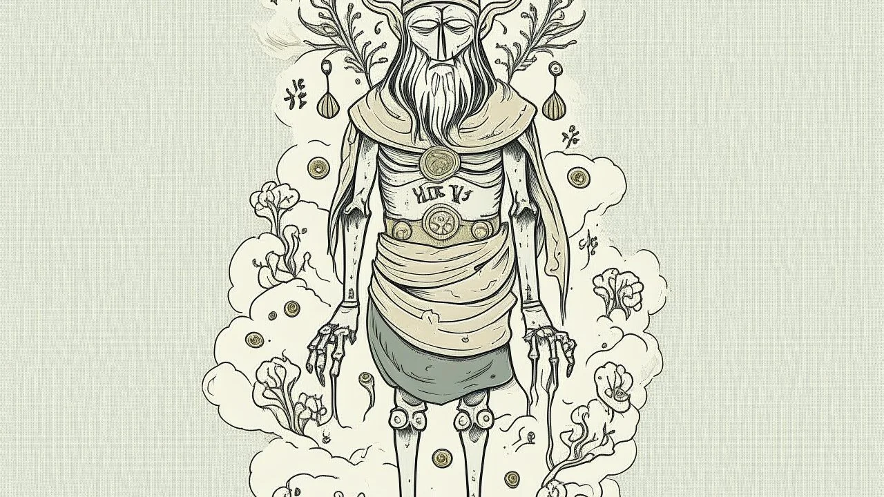 The deity of luck and weather has dead eyes and wears nothing.