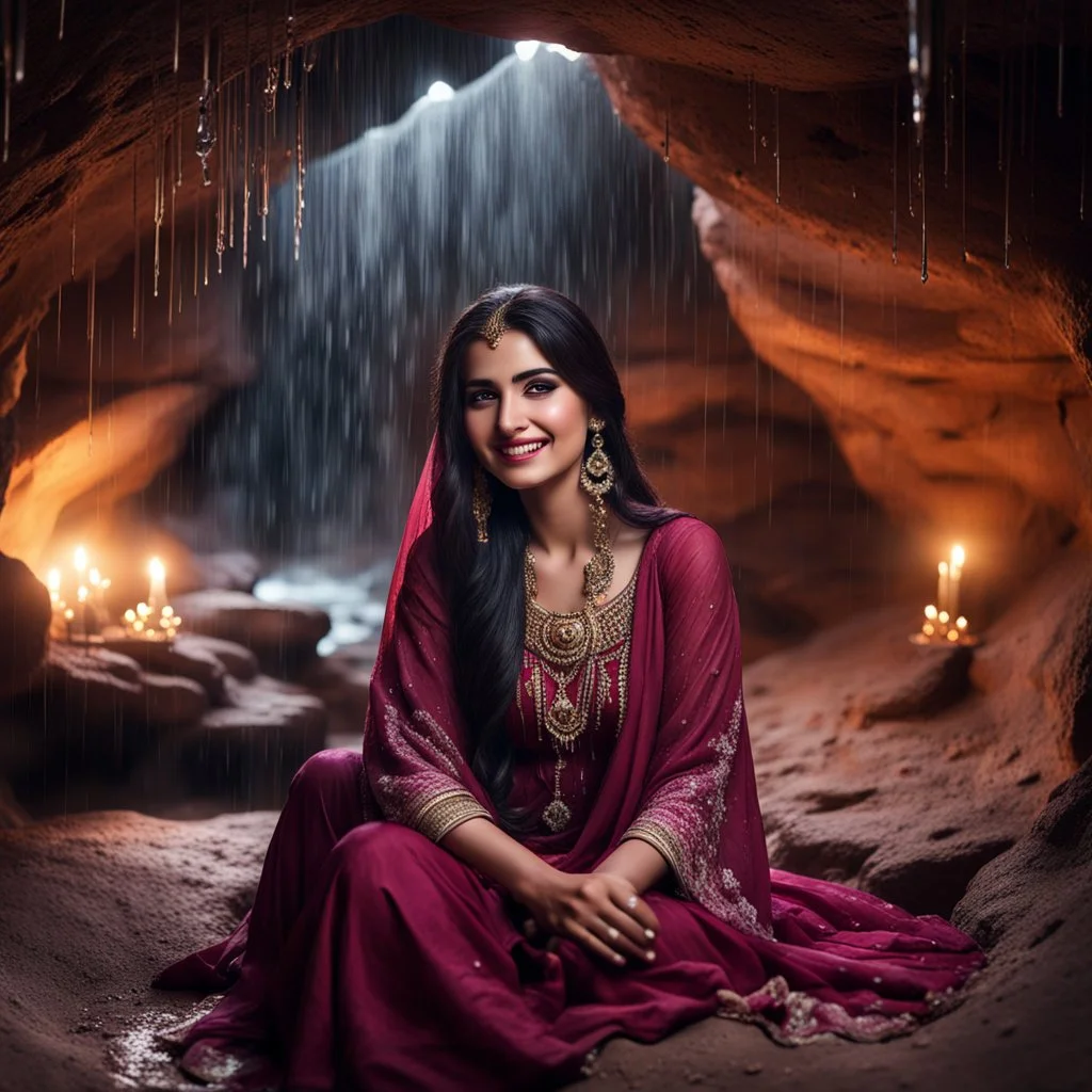 Hyper Realistic Photographic Outside View Of A Gorgeous Pashto Girl (Wearing Simple Burgundy Colored Dress With White Embroidery & Wearing Pink Dupatta On Her Neck) Happily Sitting & Smiling Boldy In A Cave & Showing Her Long Black Hair With Big Golden Crystals, With Heavy Rain Outside Cave At Dark Night Showing Dramatic & Cinematic Ambiance.