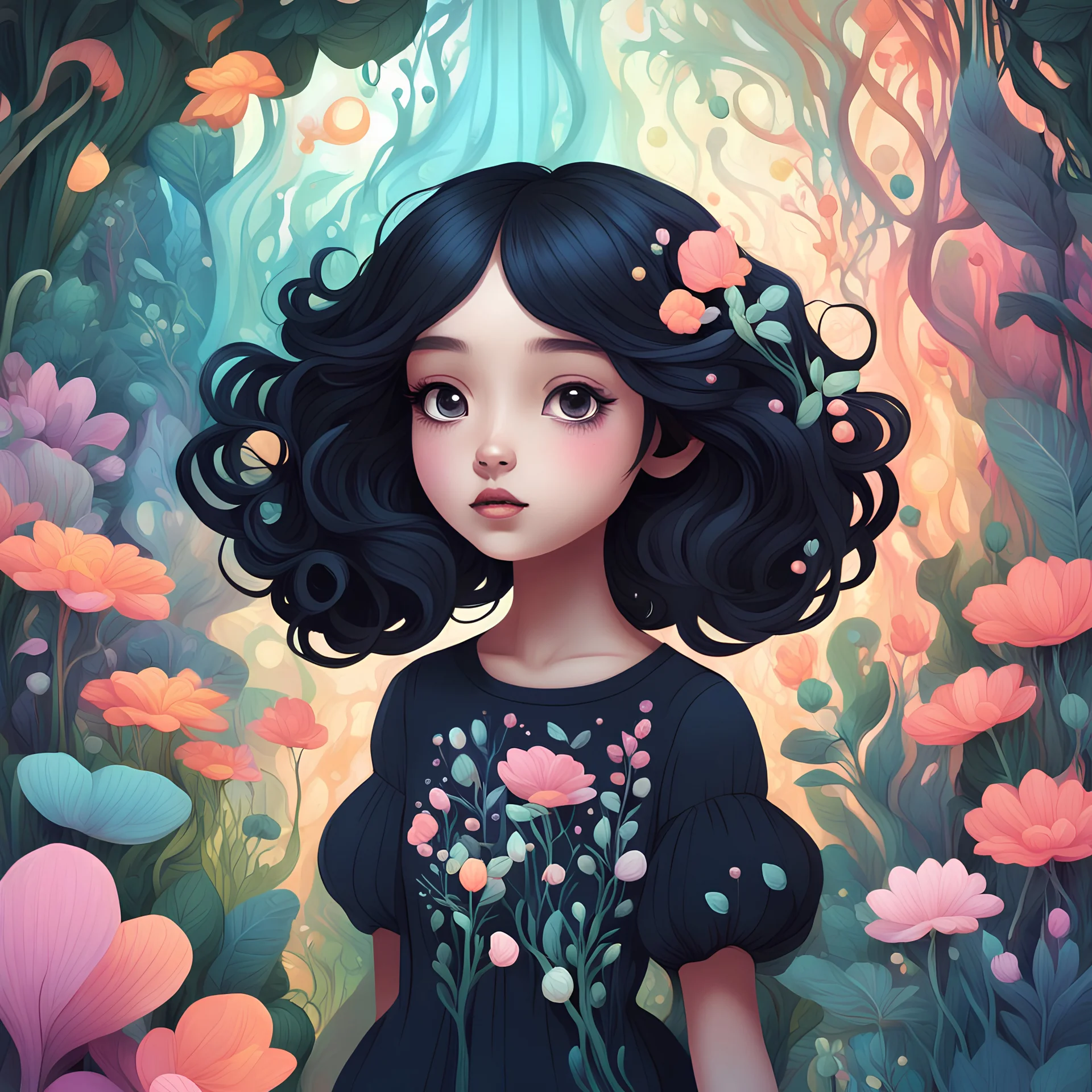 A cute,black hair , whimsical girl with big glowing eyes and flowing, wavy hair, standing in a surreal garden filled with imaginative, abstract plants and playful colors. The scene has a dreamy, otherworldly vibe, blending elements of fantasy and charm, illustrated in an artistic, quirky digital style that’s both strange and endearing