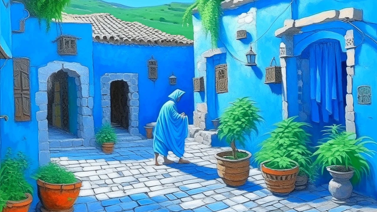 Cobbled alley covered in blue in Chefchaouen, Morocco. Walls and ground in every shade of blue. A tiny staircase goes up to an arched door. Green plants in pots. A man in a white djellaba sits reading. A donkey loaded with carpets waits. Flat acrylic, Moroccan naive style (Chaïbia Talal)