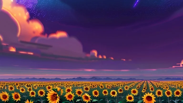 purple sky full of stars, sunflower field, anime, high res, makoto shinkai