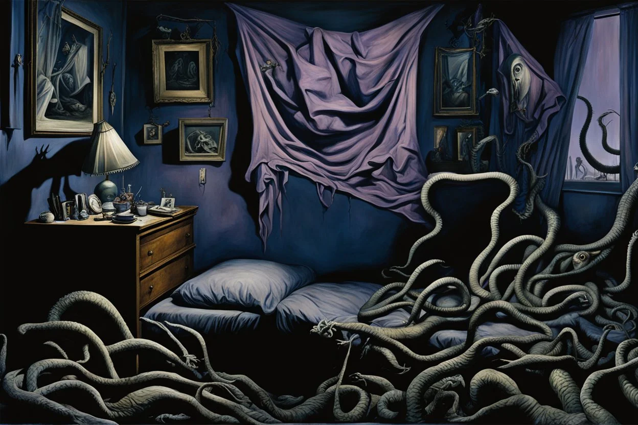 surreal bedroom, nightmarish many legged and slimy creature crawling out of framed picture hanging above bed onto the bed where a woman is sleeping under covers, slimy gross tentacles stretching everywhere, haunting nightmare-scape, horror art, mysterious sinister, by Yves Tanguy, by Stephen Grammell, by Joel-Peter witkin, photorealism, dark blue and dark violet and dark gold, volumetric lighting, dry ice vapors.