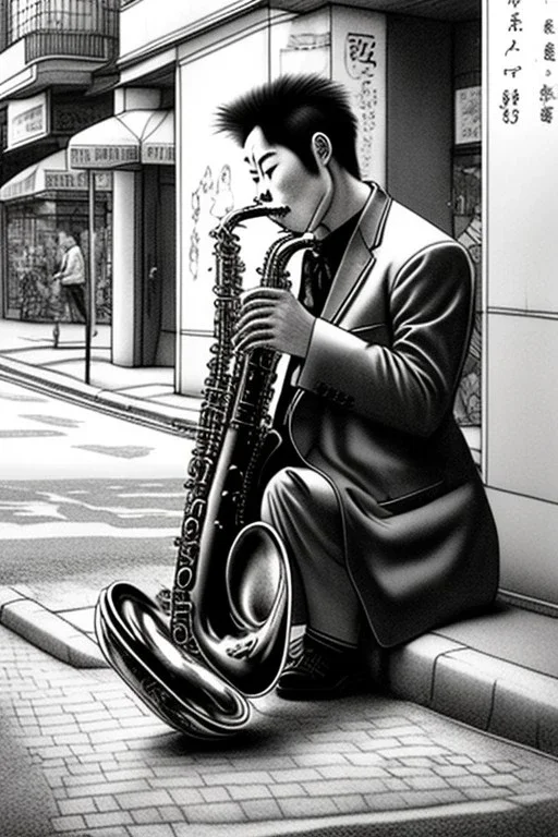 One single mature cat playing saxophone on the street, Osaka, thoughtful, mourning, model style, hyper realistic, extremely accurate, delicate, extremely detailed, Graphic novel style, wide-angle, open aperture, superfine pencil