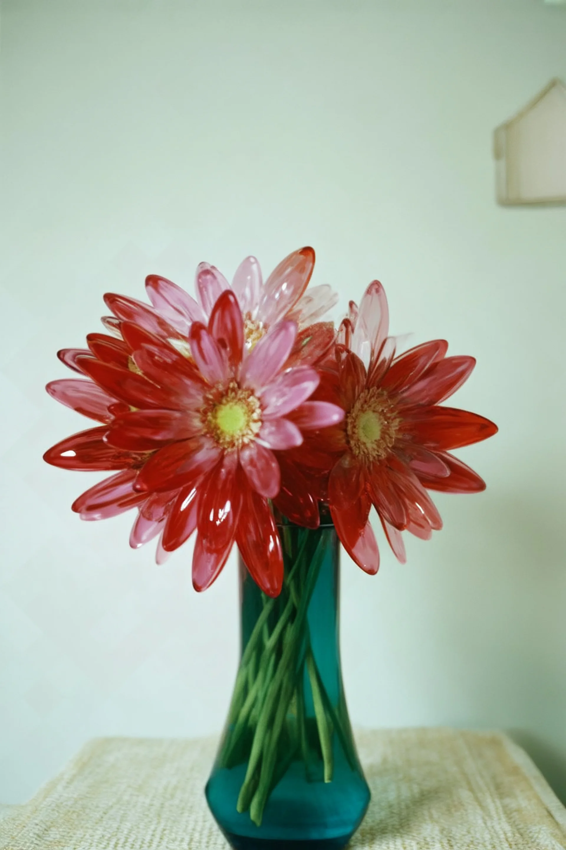 A pink and red plexyglass flower in a vase, autochrome