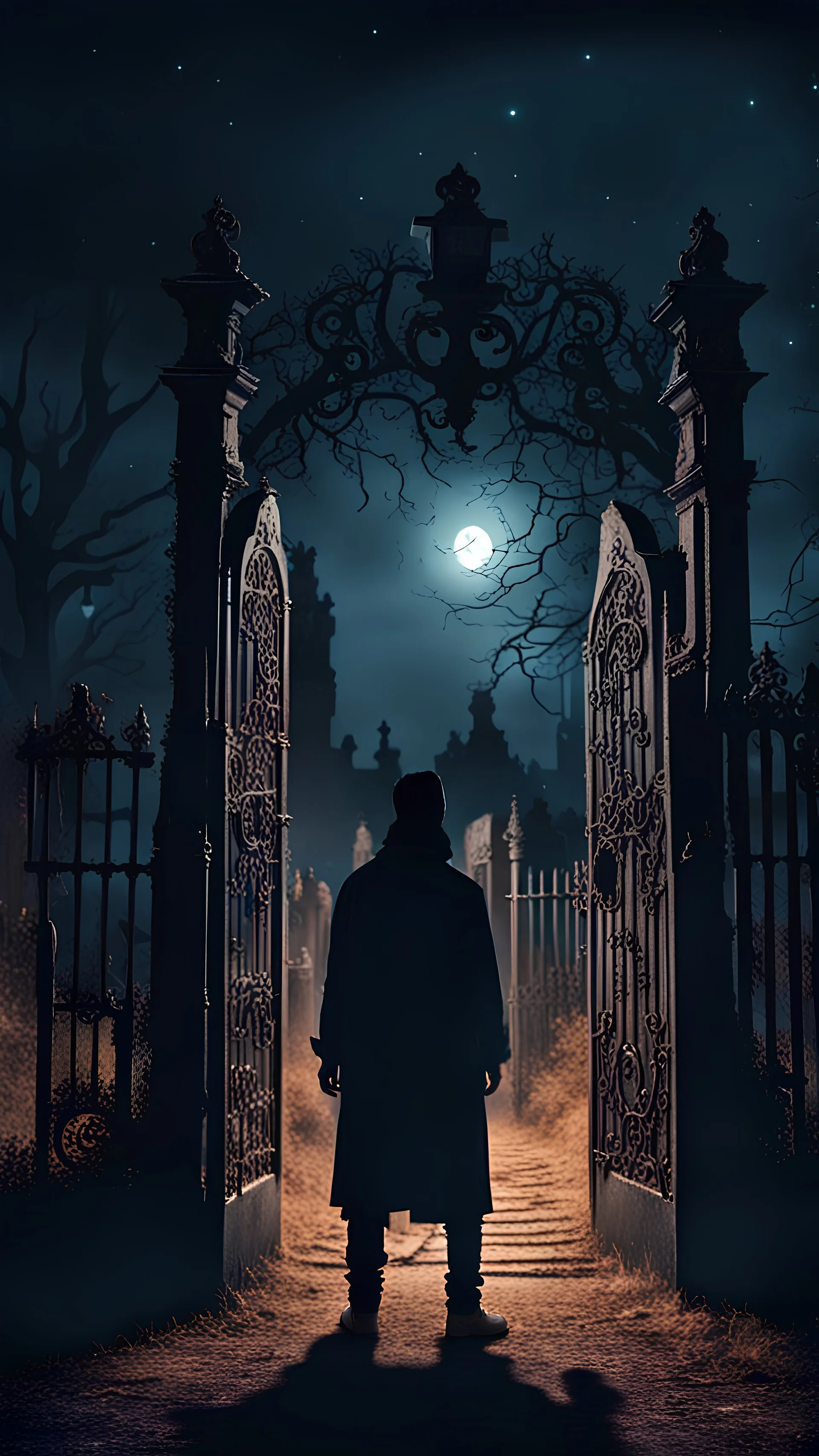 a guy stands at the creepy gates at night of an ancient cemetery